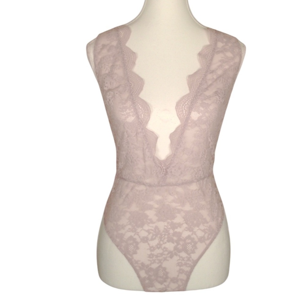 Victorias Secret Lace Plunge Bodysuit Sheer Teddy Teddy Mauve M